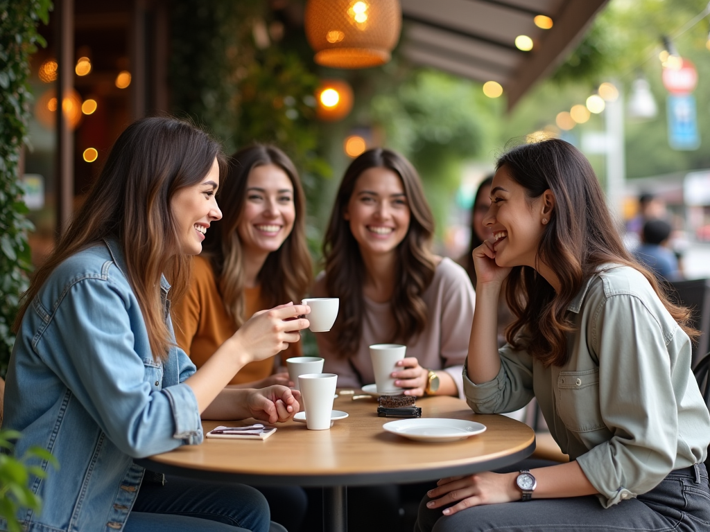 Patru femei zâmbitoare, bucurându-se de cafea la o terasă încântătoare.