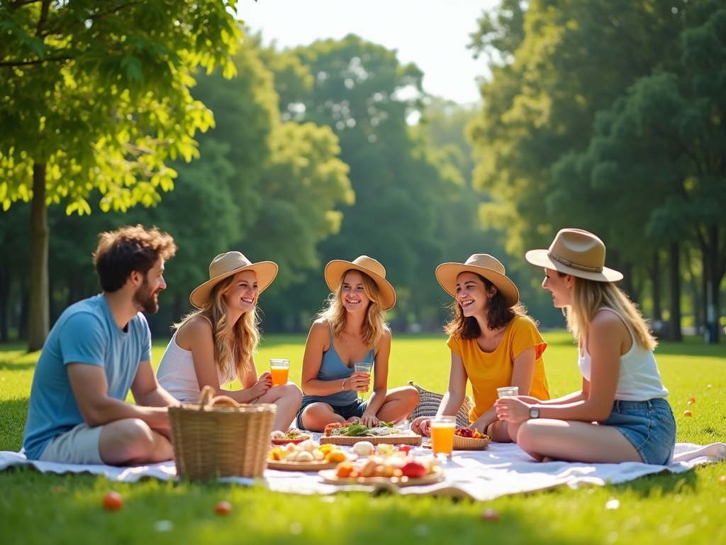 Grup de cinci prieteni la picnic în parc, bucurându-se de soare și râzând împreună.