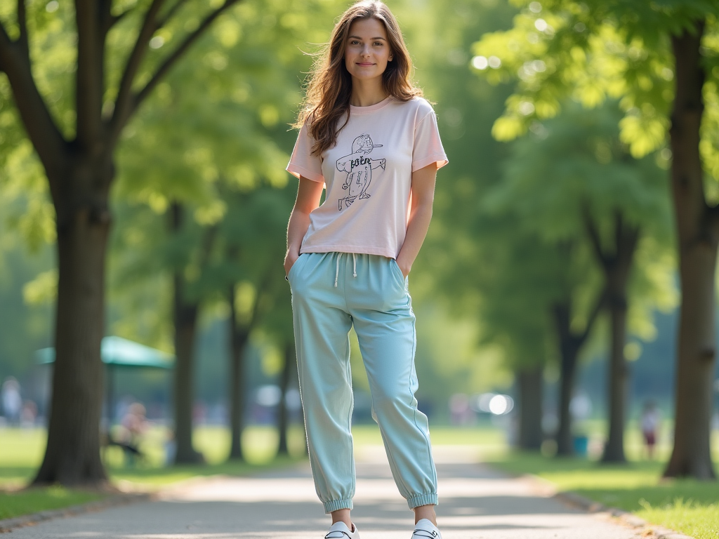 Tânără în tricou roz și pantaloni albaștri stă într-un parc umbrit de copaci verzi.