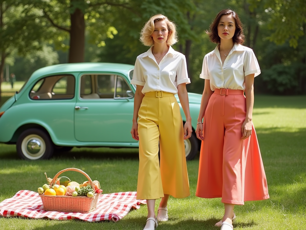 Două femei în culottes colorate, lângă o mașină retro și coș de picnic în parc.