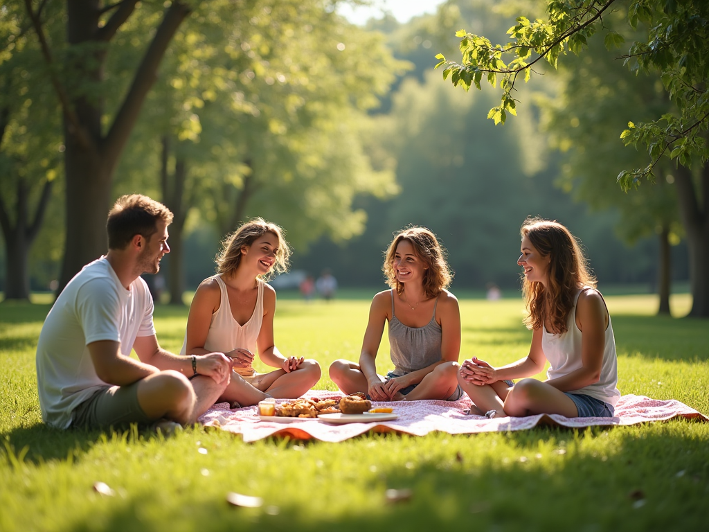 Patru prieteni râzând și savurând un picnic într-un parc însorit.