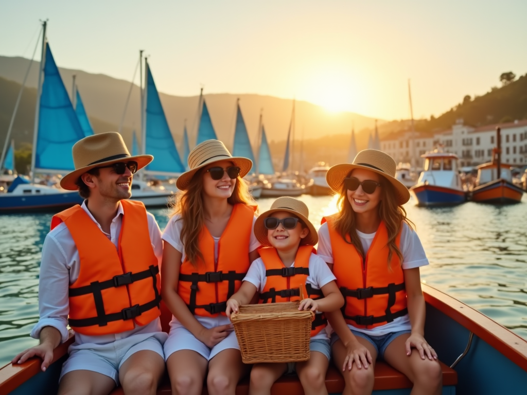 Familie cu patru membri într-o barcă cu veste de salvare, zâmbind pe fundalul portului la apus.