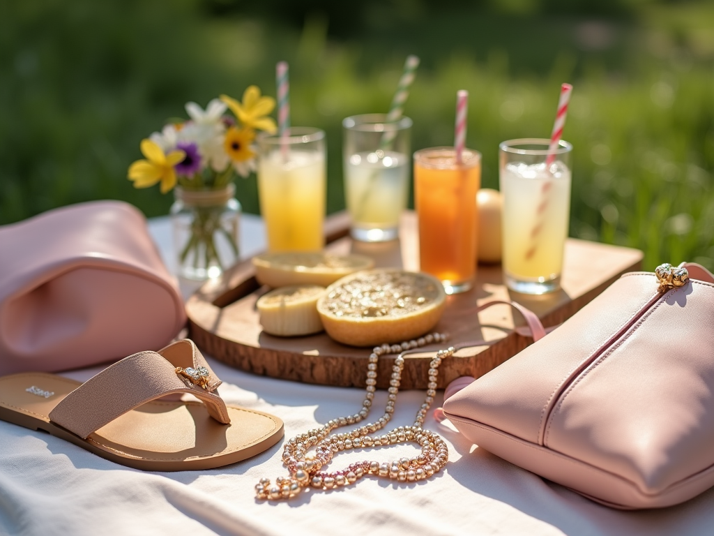 Picnic cu sucuri naturale, sandale, poșetă roz și bijuterii pe o masă în natură.