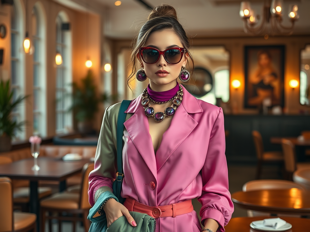 Femeie elegant îmbrăcată într-un costum colorat, cu ochelari de soare și bijuterii strălucitoare, într-un restaurant.