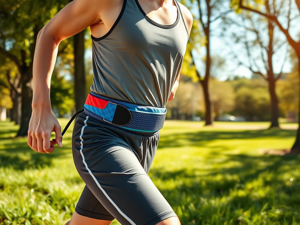 O persoană alergând pe o alee într-un parc, purtând un tricou și pantaloni scurți de sport, cu un brâu colorat.