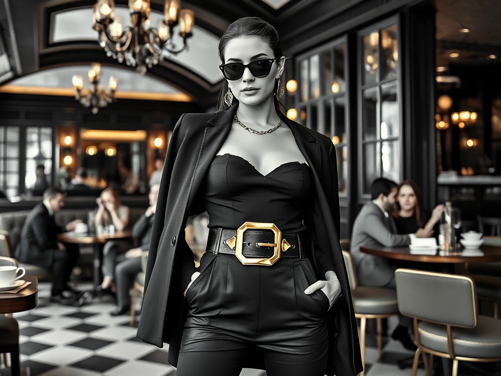 O femeie elegantă poartă un costum negru, o brățară de aur și ochelari de soare, într-un restaurant sofisticat.